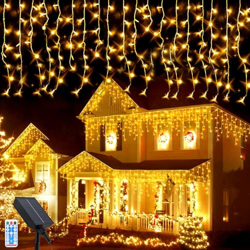 GHONLZIN Guirlande Lumineuse Exterieur Solaire, 5 M 256 LEDs Lumineuse éTanches GlaçOns Avec 8 Modes TéLéCommande, Rideaux de Noël Solaire pour Décoration de Jardin, Fête, Noël, Mariage