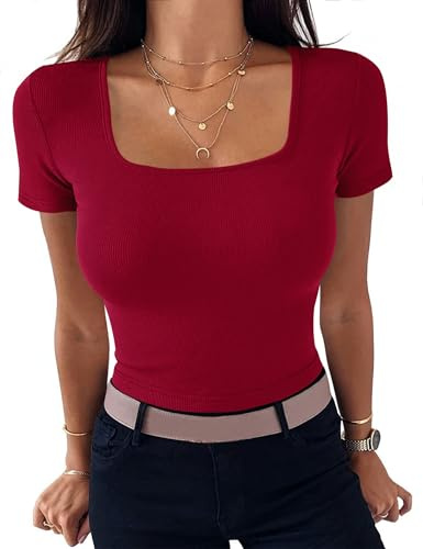 Aottori Red T Shirts for Women Summer Short Sleeve Tops Ladies Square Neck Ribbed Slim Fit Tee Shirts Casual Lightweight Basic Tunic Top Red S