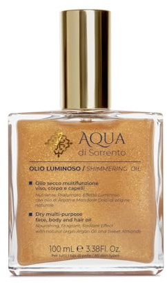 AQUA DI SORRENTO Olio Luminoso Multifunzionale Viso, Corpo e Capelli, Olio Secco Effetto Luminoso con Olio di Argan e Mandorle Dolci, 100ml