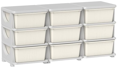 HOMCOM 9 Drawers Plastic Storage Units, 3 Tier Kids Storage Units, Children Toy Chest for Nursery, Playroom, Bedroom, Cream