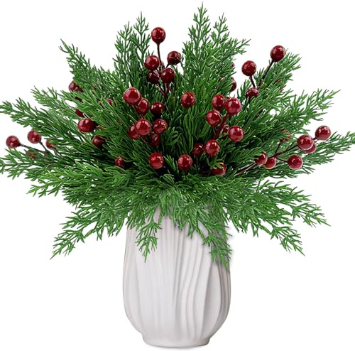 MEMOVAN 45PCS Christmas Norfolk Pine Branches with Red Berry Stems Artificial Christmas Green Pine Stem Faux Cedar Pine Needles with Holly Berries Greenery Pines Picks Sprays for Vase Xmas Tree Wreath