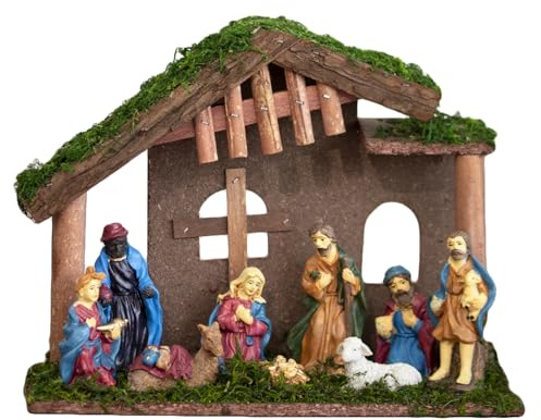 Darthome Traditional Christmas Nativity Scene Set, 10 Pieces, Wooden Stable with Moss Roof, 30 x 24 cm