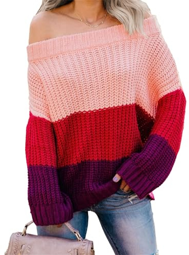 Pull Oversize Femme Color Block à épaules dénudées, Pull en Maille torsadée à Grosses Rayures, Tendances 2025