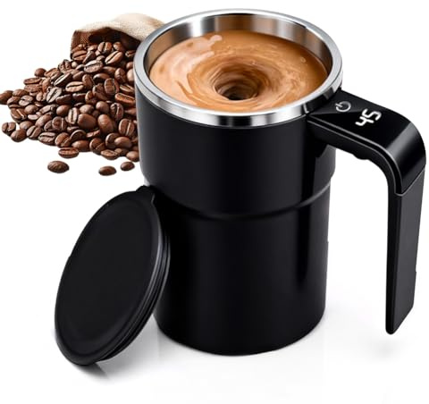 Wapasezyar Selbstrührende Tasse, Selbstrührender Becher mit Temperaturanzeige, 304 Edelstahl Magnetische Elektrischer Shaker mit Henkel für Heisse Schokolade, Kaffee, Milch (Schwarz, 380 ml)