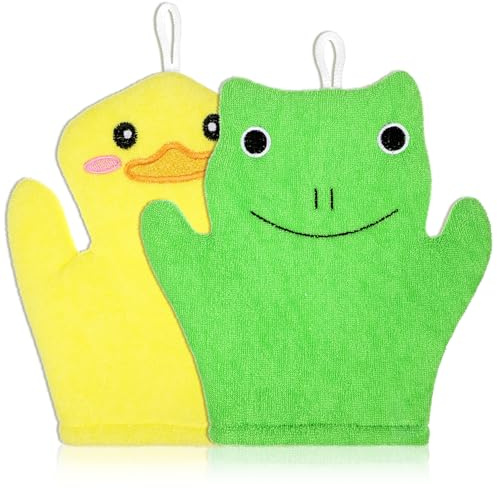 FNANJWQ 2 Pieces Baby Bath Mitt Washcloths Gloves, Microfiber Soft Washcloths for Kids Designed in Cute Animal Yellow Duck Frog Gentle Scrub for Baby Girl Boy Bath Shower