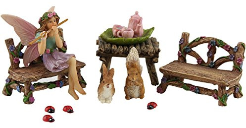 PRETMANNS Fairies for Fairy Garden Accessories for Outdoor - Figurine Bella and Furniture for Miniature Set with Squirrel, a Bunny, 4 Ladybugs - Ideal for Fairy Garden Starter Kit - 14 Piece Supplies