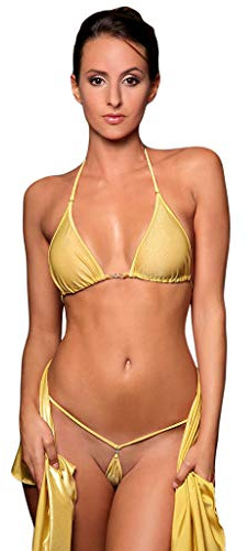 my sexy bikini - Micro Bikini Transparent Maillot de Bain String en Fine Tulle - Tahiti Or (Bas: 36/38 | Haut: 1)