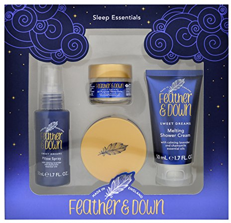 Feather & Down Geschenkset Sweet Dream mit Essentials für den Schlaf (50ml Kopfkissenspray, 50ml zartschmelzende Duschcreme, 16g Schlafbalsam & 50ml Schlaf-Körperbutter) – Ohne Tierversuche. Vegan.