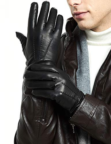ZLUXURQ Herren Winter Echtes Schaffell Leder warme Schwarze Handschuhe Kaschmir Futter