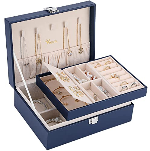 Voova Jewelry Box Organizer for Women Girls, 2 Layer Large Men Jewelry Storage Case,PU Leather Display Jewellery Holder with Removable Tray for Necklace Earrings Rings Bracelets，Vintage Gift，Navy Blue