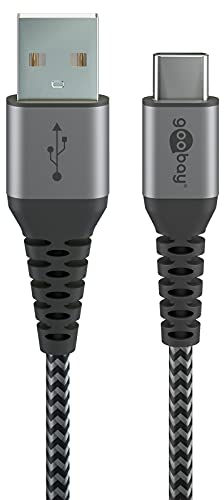 Goobay 49296 Schnellladekabel USB C auf USB A 60W 20V / Extrem robustes Textilkabel / 480 Mbits Ladekabel USB C / Schnellladekabel Samsung USB C Kabel 1m / Stoffkabel Grau / 1m