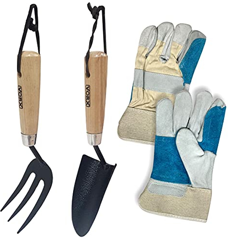 VORX Tenedor de mano de acero al carbono con mango de madera guantes de cuero perfectos para excavar, plantar y trasplantar herramientas de jardín para uso doméstico y profesional