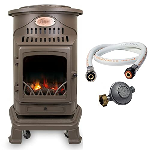 Universal Innovations Chauffage d'appoint gaz Provence 3,4 KW Marron miel Effet poêle à bois Fonte Tuyau gaz vissable 1.5 m + detendeur butane
