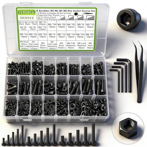 K Kwokker Assortimento di 1165 bulloni a brugola, M3, M4, M5, M6, viti a testa esagonale, dadi e bulloni, dadi e rondelle, in acciaio legato di grado 12.9, 20 misure da 8 a 25