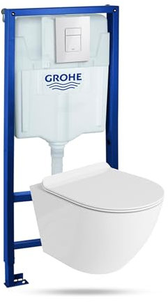 LAVITA Elemento da parete Solido + parete sospesa WC Sofi Slim bianco senza bordi e sedile WC SoftClose | Pulsante bianco lucido | Set completo | Cassetta di risciacquo da incasso | WC completo |