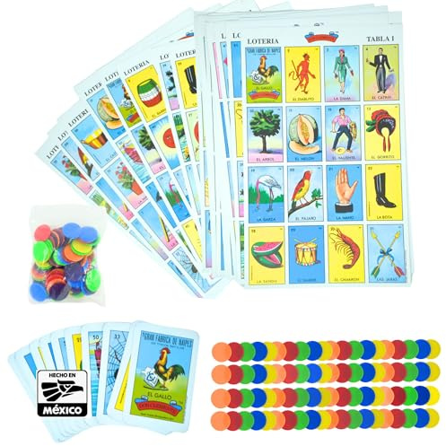 New To Town The Original Lotería Mexican Bingo Game Set - Complete with 100 Bingo Chips for 20 Players - Authentic Lotería de Lujo Mexicana - Colorful Loteria Cards