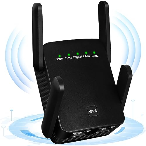 WLAN Verstärker mit 1200 Mbps,WLAN Repeater Dual-Band 2.4GHz & 5.8GHz,WiFi Extender Booster,Internet Verstärker mit externen 4 * 2dBi Dual-Band-Antennen, Internet Booster bis zu 3000 qm (Schwarz)