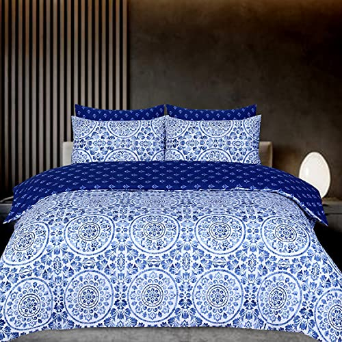 Indus Textiles double duvet cover cotton, 100% Egyptian Cotton 220 Thread Count bed set, Reversible Printed Hotel Quality Duvet Cover Sets,Luxury Bedding Double Bed Set, Greek Blue - Double