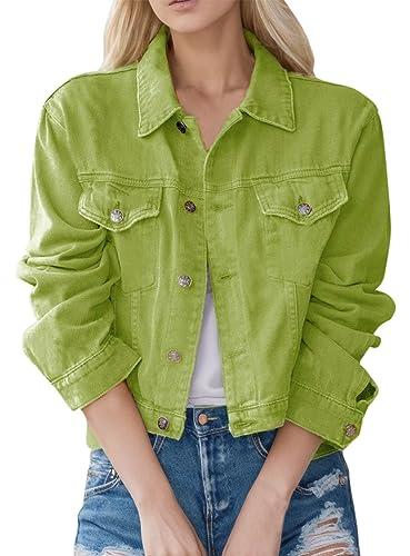 Vestes en jean pour femme - Vintage - Boutonné - Look usé - Veste courte en jean avec poche - Veste en jean pour femme - Veste en jean - Manteau d'extérieur (vert, XXL), vert, XXL