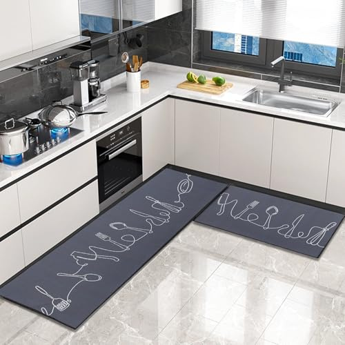 OPLERT 2 Piezas Alfombras y Tapetes de Cocina,Alfombrillas de Cocina Antideslizantes Lavables,para Cocina,Pasillo,Salón,Dormitorio,Gris,40x60+40x120cm