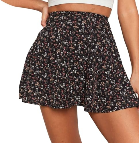 EMOTTOS Donna Gonna Corta Svasata in Chiffon, Sexy Boho Gonna a Plissettata a Vita Alta con Stampa Floreale e Zip Invisibile, Gonna Floreale Increspata con Orlo Fluttuante in Stile, Nero, M
