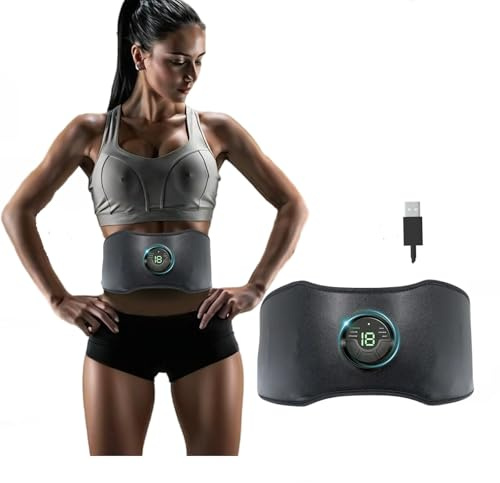 Cinturón EMS para abdominales y core | 6 modos, 18 niveles de intensidad, cinturón tonificador abdominal ajustable de 118 cm | Equipo de fitness para el hogar recargable por USB para mujeres y hombres