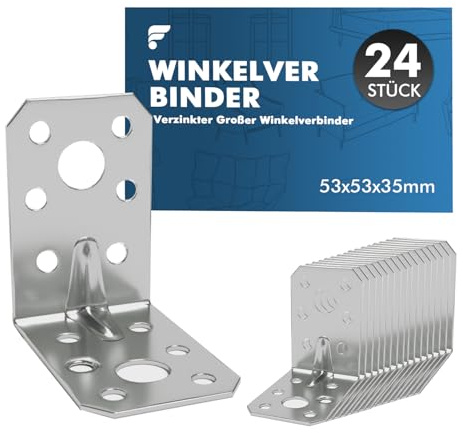 Shinfly Lot de 24 Équerres de Fixation et d’Assemblage Renforcées 53 × 53 × 35 mm, Épaisseur 2,0 mm, Supports d’Angle à 90° en Acier Galvanisé pour Bois, Meubles et Étagères