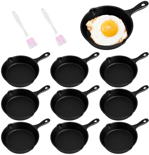 OJMHD 10 mini padella con manico, 10 cm, piccole padelle in ghisa con 2 pennelli ad olio, antiaderente per uova fritte, campeggio, forno, uova, cucina, cottura in interni ed esterni