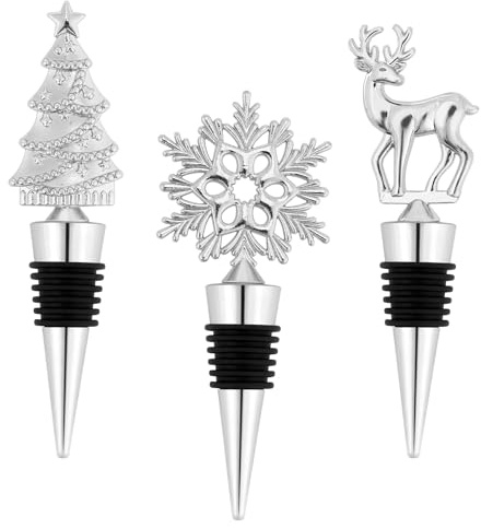 3er Set Weinverschluss mit Hirschkopf, Schneeflocke & Weihnachtsbaum - Luftdichter Wine Stopper aus Zinklegierung (Weinflaschenverschluss Geschenk für Weinliebhaber, Weihnachten, Hirsch Deko)
