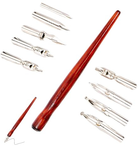 QOWIJEX Kit de Calligraphie Plume Ensembles de Calligraphie à l'Encre avec 1 Porte-Stylos Dip Calligraphie et 9 Plumes pour Dessin Croquis Cartographie, Stylos de Calligraphie en Acajou