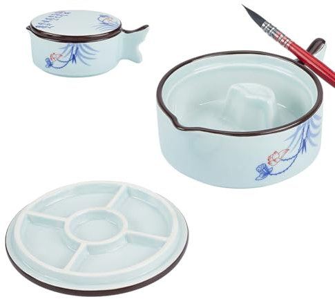 PH PandaHall Encrier en Porcelaine en Forme de Poisson Encrier à Motif Lotus et Bambou avec Porte Pinceaux et Bol Multifonctionnel pour Calligraphie du Nouvel An Peinture Chinoise et Japonaise