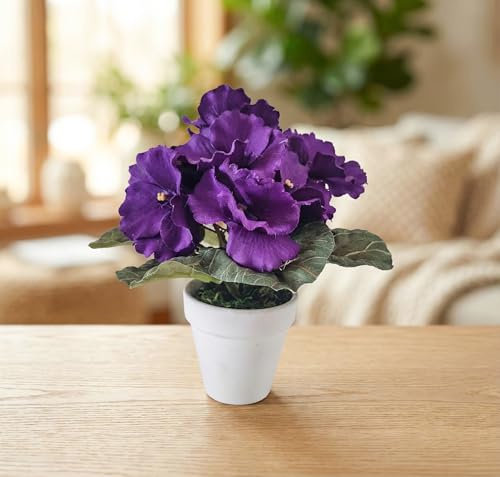 6 Purple Artificial Miniature African Violet – Faux Potted Plant with Ceramic Pot, Hand Colored Decorative Flower for Home Décor, Office Desk & Shelf Decoration