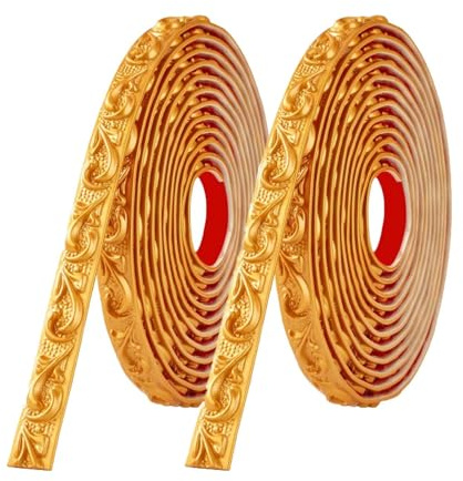 Zayejod (5M*2 Rolls) Molding Trim Self Adhesive,Peel and Stick Wall Ceiling Decorative Trim,3D Wallpaper Border,Tile Trims and Edgings,Sticky Wall Lines for Mirror Edge,TV Background(Gold,2CM)