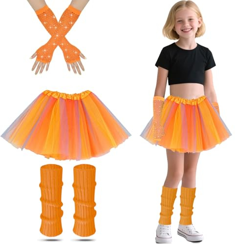 AffeGifts Déguisement Année 80 Fille, Deguisement Disco Enfant Filles Néon Jambes Chauffers Filets Gants et Robe Fantaisie Tutu Pour Les Années 1980 Fête à Thème Discothèque Fête Costume (Orange)