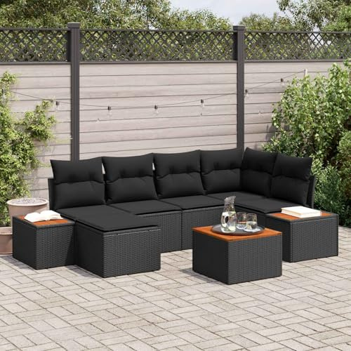 Runheo Ensemble canapé Jardin modulable 7 pcs Noir polyrotin avec Coussin, Banquette Angle Convertible en résine tressée et Bois pour terrasse, Patio, Balcon, détente extérieure