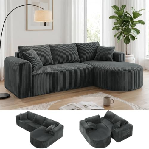 COMHOMA Hörnsoffa med sovfunktion, 263 cm, corduroy, modulär boneless soffa med schäslong, L-formad bäddsoffa, sektionssofa med kudde och sidofickor, soffa för vardagsrum, ingen montering, grå