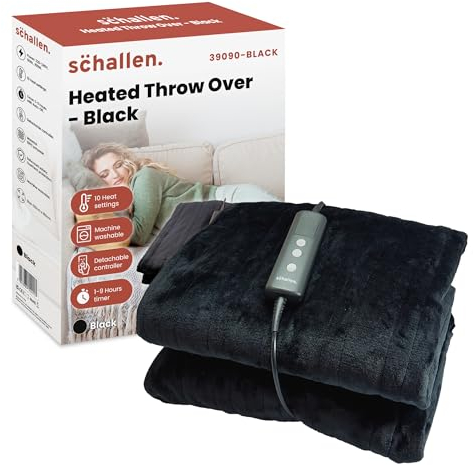 Schallen 120x160cm Soft Heated Warm Throw Over Blanket with Timer and 10 Heat Settings (Black)