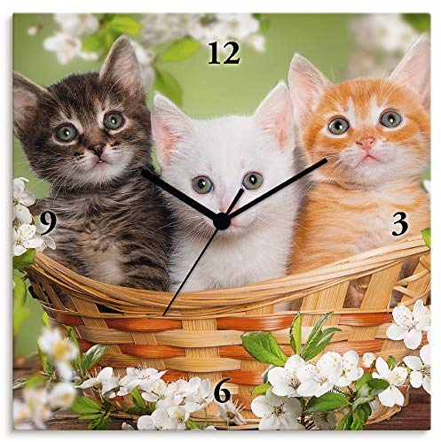 ARTLAND Wanduhr ohne Tickgeräusche Alu Quarzuhr 30x30 cm Quadratisch Lautlos Katze Tiere Katzenbaby Blumen Lustig Mädchen T6BM
