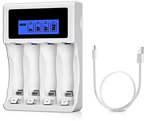 BONAI LCD Cargador Pilas Recargables de AA AAA Ni-MH Ni-CD, 4 Ranuras Independientes, Universal Cargador Pilascon con Pantalla LCD (Puerto USB)