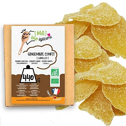 [MA] bio-épicerie | Gingembre confit BIO en lamelles | 440G | Sachet vrac | Certifié biologique | Fruit confit de qualité supérieure | Sans conservateur