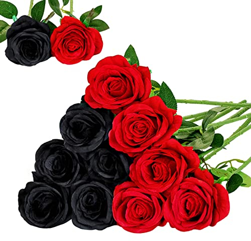 Floralsecret 12 Pièces Roses Artificielles Bouquet de Fleurs Faux Soie Fleurs Home Wedding Party Decor(Noir, Rouge)