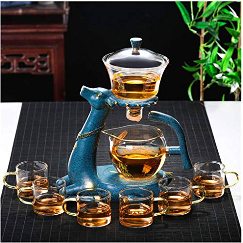Aoheuo Kungfu - Set da tè in vetro con riscaldatore, coperchio girevole e teiera semiautomatica in vetro (blu)