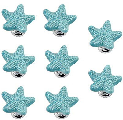 Lot de 8 boutons de tiroir en céramique en forme d'étoile de mer avec base en alliage de zinc Bleu