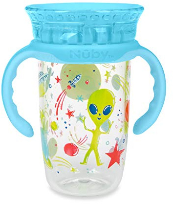 Nuby 360 Edge 2 Stage Drinking Rim Cup with Removable Handles & hygienic Cover: 10 Oz/ 300 Ml 12M+ Space Aqua