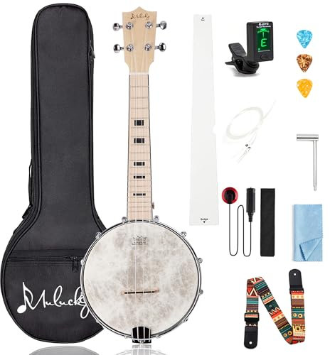 Mulucky 4-String Banjo Ukulele | 23 Maple Body with Bag, Tuner, Picks & Guide | Folk & Bluegrass Travel Instrument, MBU-802