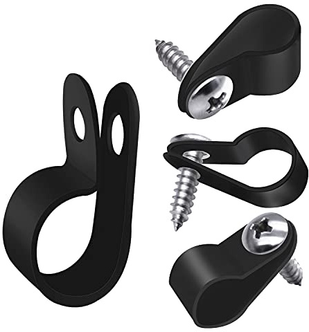 mankk 100PCS 3/8 Inch Rope Light Clips P-Style Mounting Clips Plastic Cable Clamps with Compatible Stainless Steel Pan Head Phillips Screws for Wire Management M-032-BK-LS
