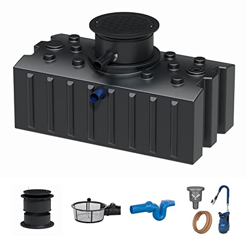 GreenLife Zisterne Flachtank 2000 Liter Standard II inkl. Ausgleichsdom, Überlaufsiphon und Regenwasserpumpen-Set - Regenwasserbehälter bzw. Regenwassertank unterirdisch, 128 cm, Schwarz
