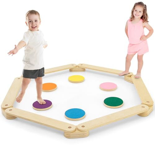 COSTWAY Barra de Equilibrio de Madera y Piedrecita, Carrera de Obstáculos de Gimnasia para Niños de 12 Piezas, Juguete Montessori de Madera para Interior/Exterior, Regalo para Niños de 3 a 7 Años