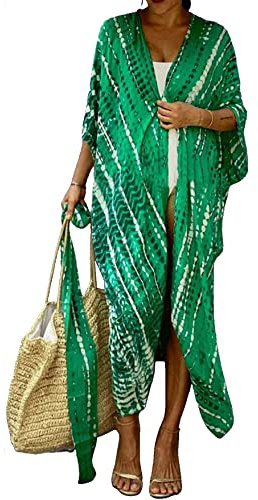HYUET Copricostume da Bagno Donna Mare, Elegante Kimono Lungo Tie Dye Donna Estivo Abito da Spiaggia Bikini Cover Up Cardigan Maniche Lungo Vestito Boho Kaftan Tunica Top per Vacanza