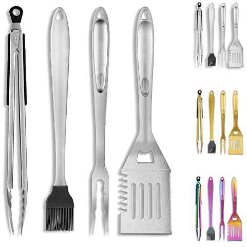 Kyraton Grill Zubehör Kit 4-teilig, Grill Zubehör Werkzeug Set, Edelstahl mit Bakelit Griff, Hitzebeständig und Keine Schmelze, Ideal für Outdoor BBQ, Teppanyaki, Camping